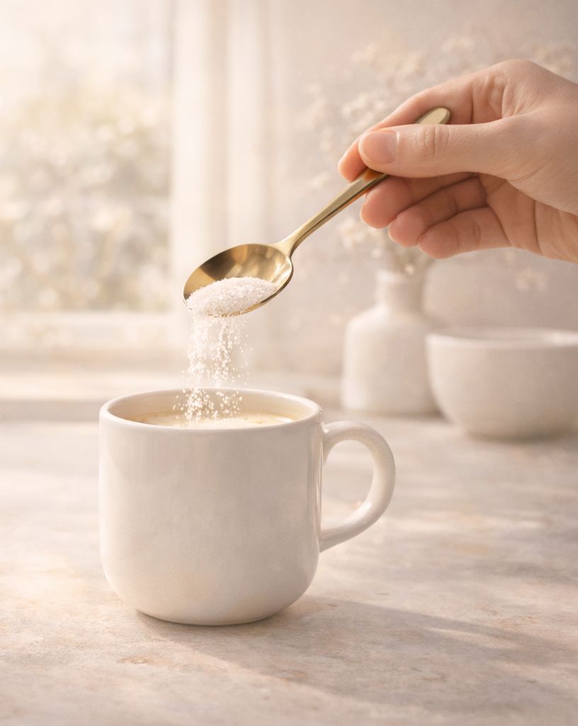 A gold spoon pouring collagen powder into a white mug